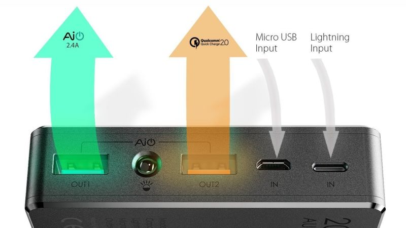 BaterĂa Aukey 20,000mAh con Lightning, $22 con cĂłdigo AUK2MAHL | VersiĂłn de Carga Rápida 2.0, $28 con cĂłdigo AUK2MAHQ